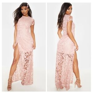 PRETTYLITTLETHING Pink Lace Cap Sleeve Extreme Spilt Maxi Dress